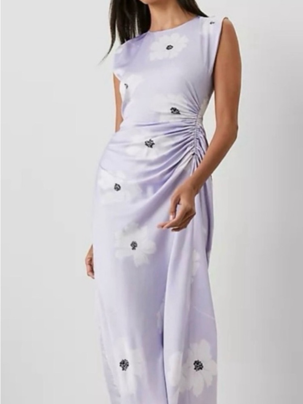 Ann Taylor Floral Ruched Midi Dress in Purple & White Size Medium